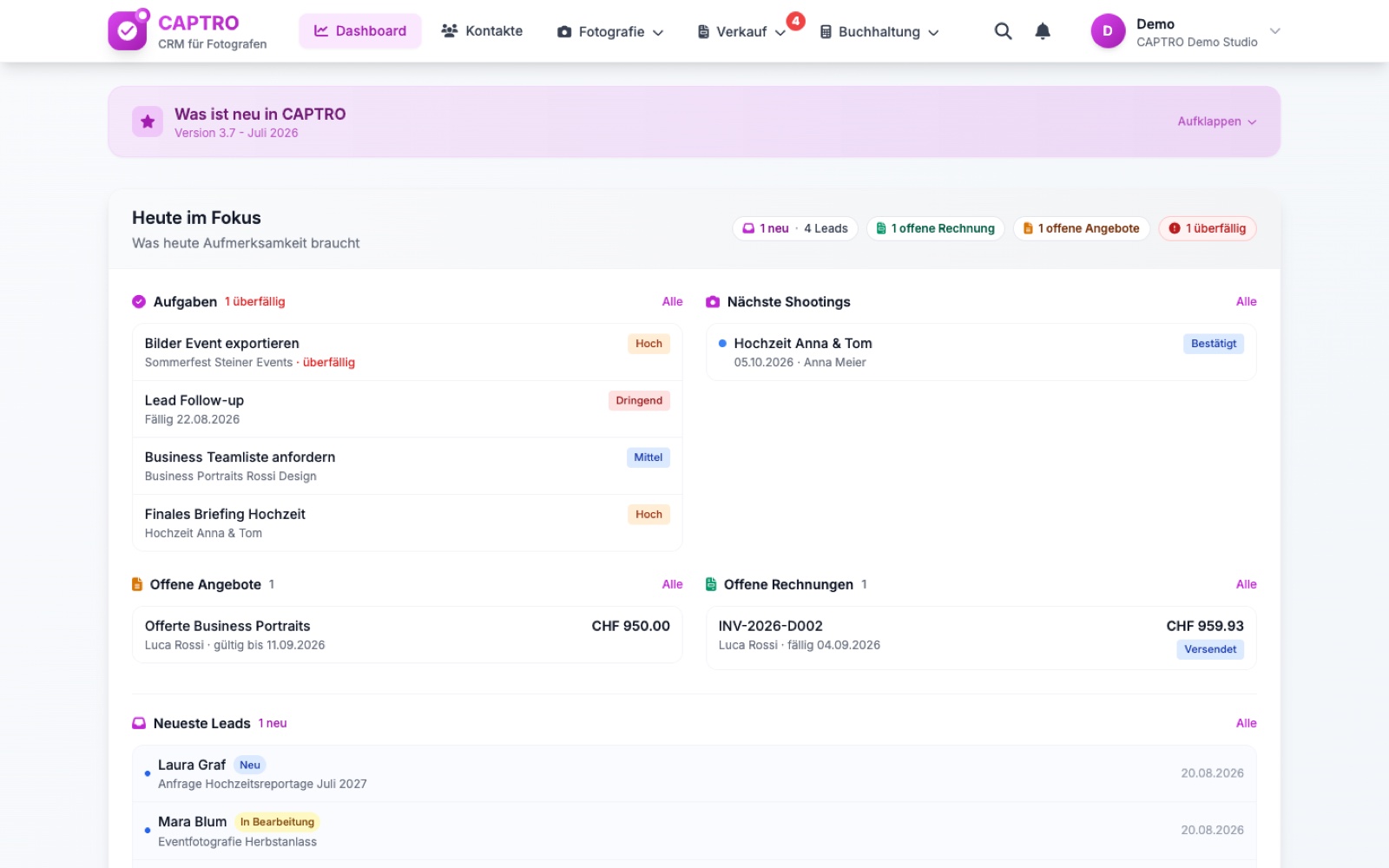 CAPTRO Dashboard mit Jahresübersicht und Kennzahlen